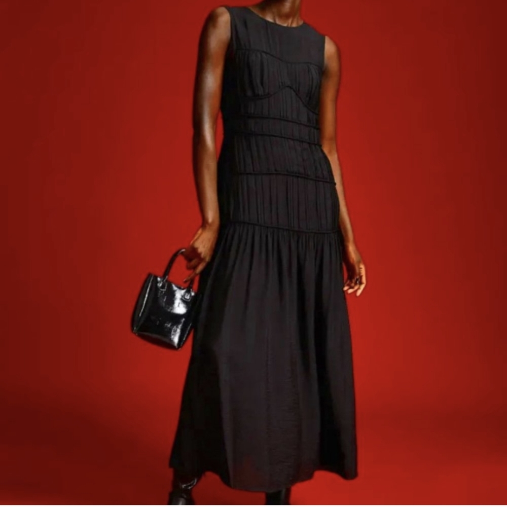 H&M Black Pleated Bustier Bodice Maxi Dress - Small